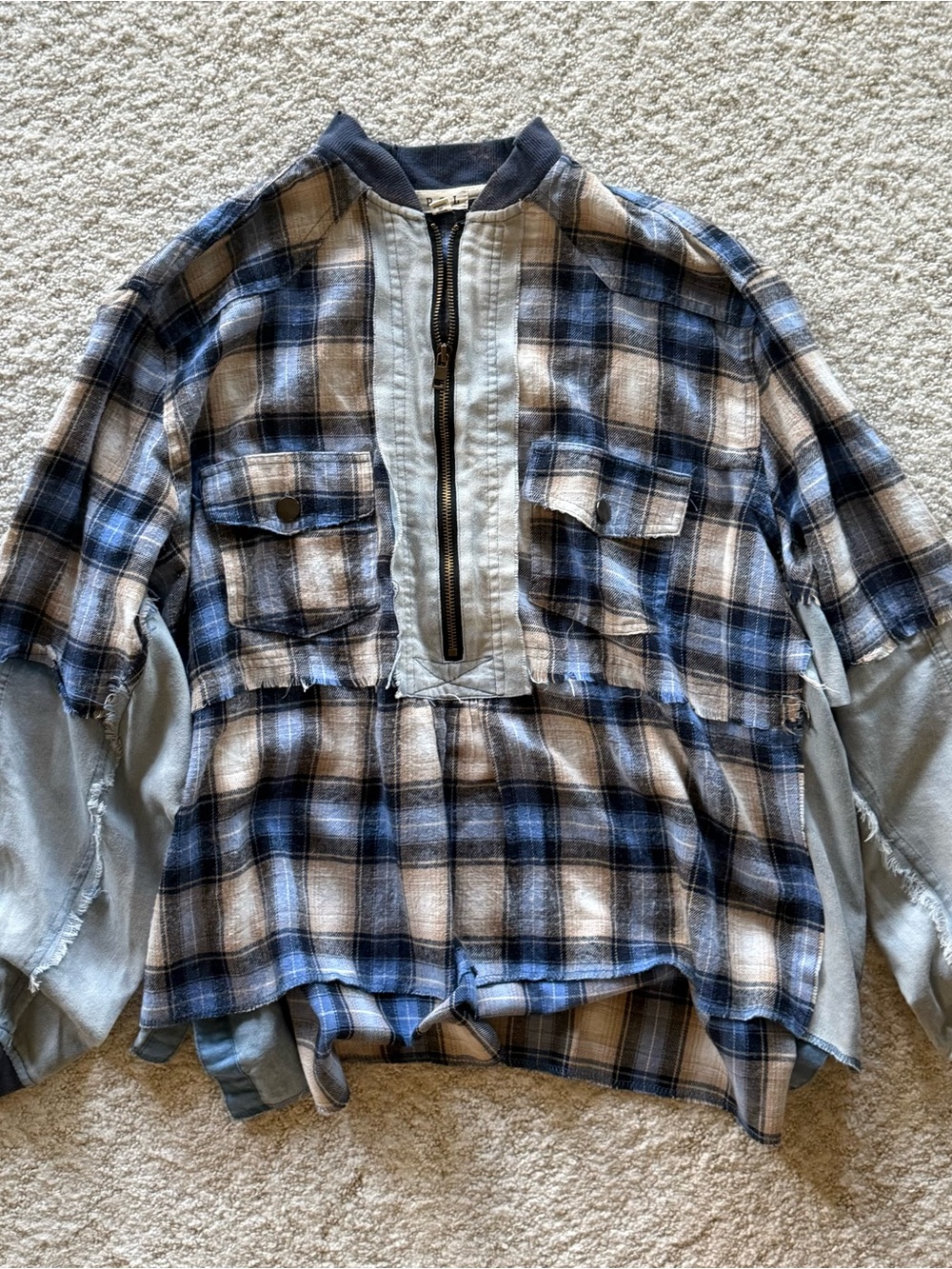 POL Women's Blue and Cream Plaid Button-Down Shirt with Front Zip